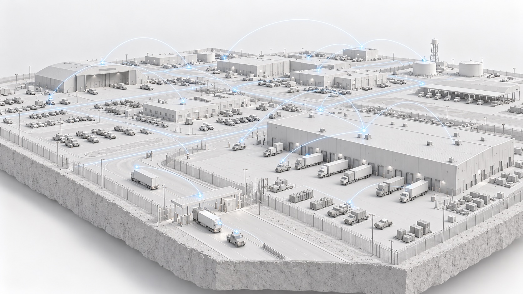 Aerial view of a military installation with hangars, vehicles, and buildings tracked and physically verified