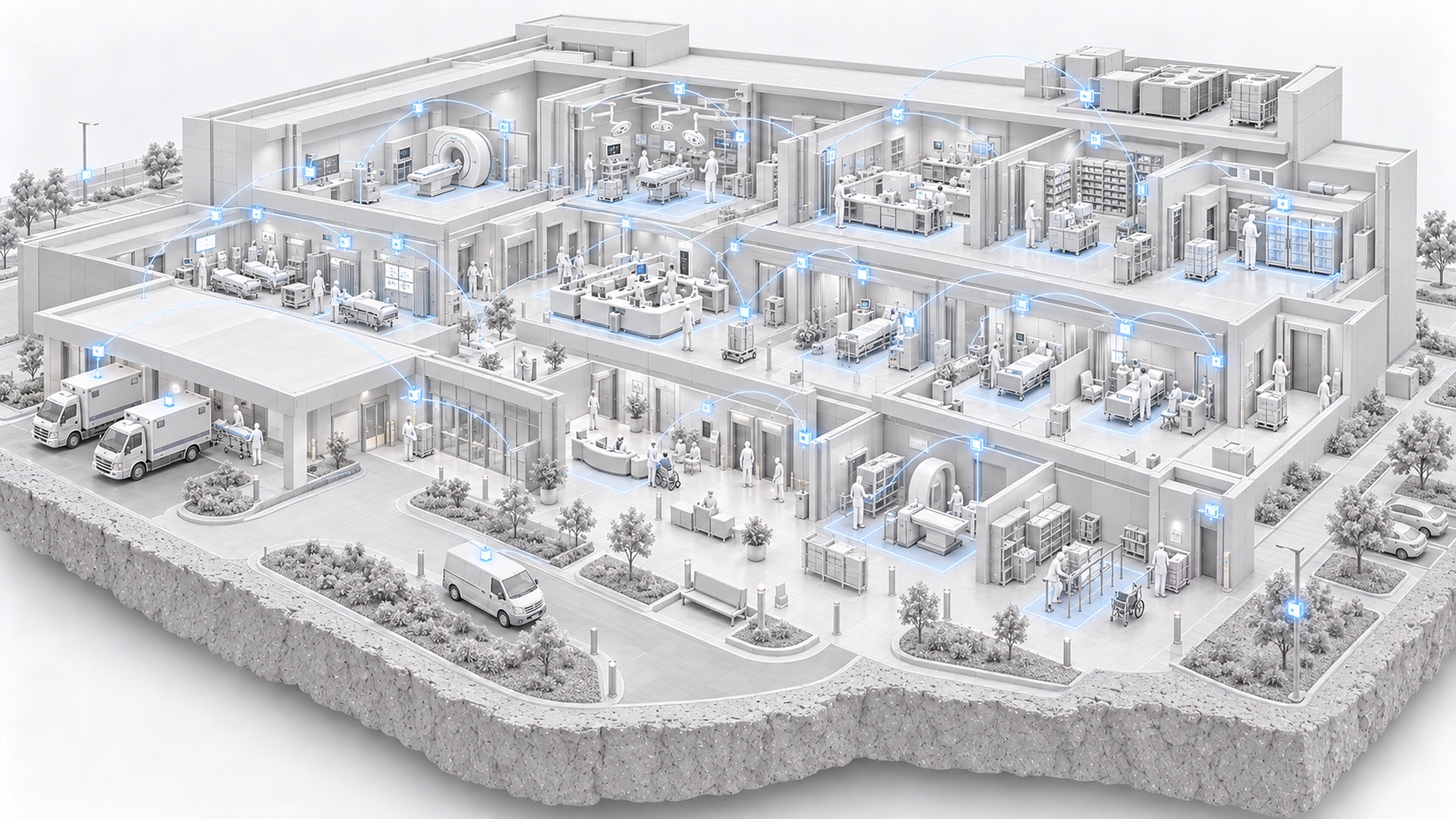 Cutaway view of a hospital with tracked infusion pumps, beds, and mobile medical equipment on every floor