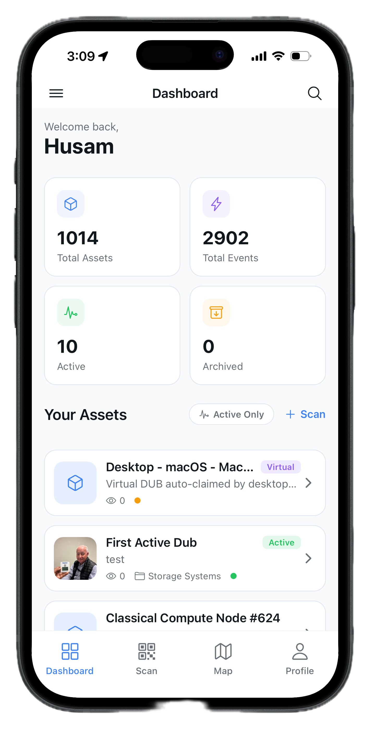 Keyco mobile asset tracking app showing dashboard with 1014 total assets, scan functionality, and active DUB tracking