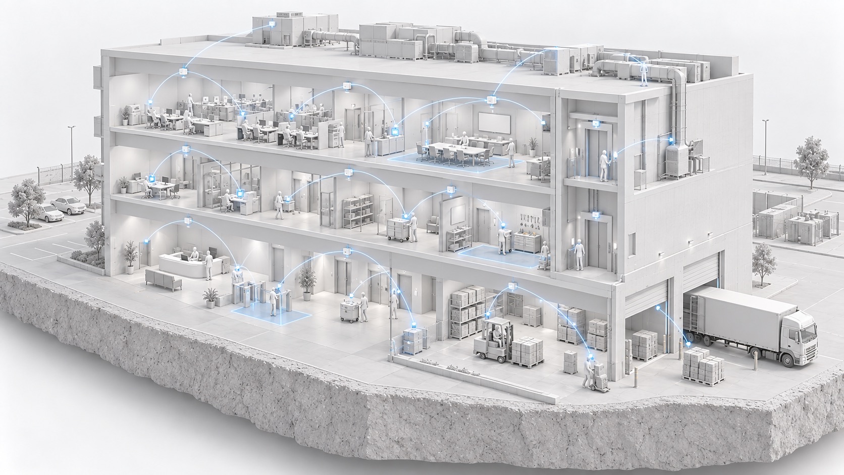 Cutaway view of a multi-floor facility with BLE gateways tracking tagged assets in real time on every floor