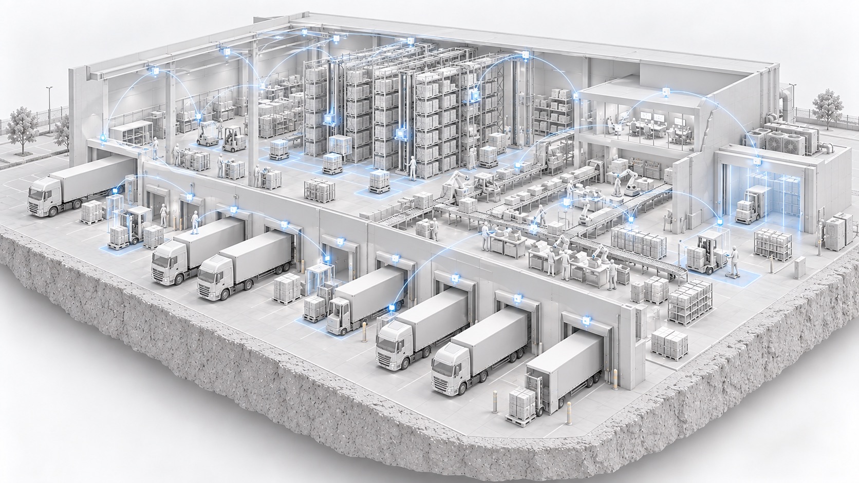 Aerial view of a modern warehouse with tagged pallets, forklifts, and trucks connected to the Keyco platform